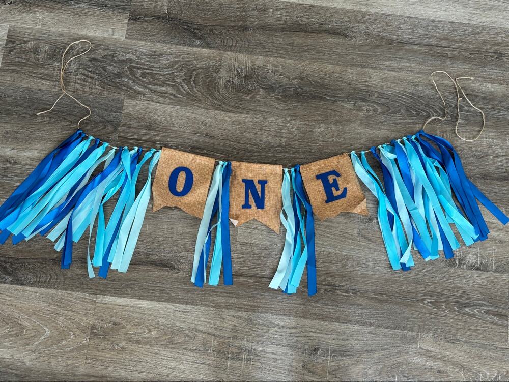 Baby First Birthday Banner in Blue Tan